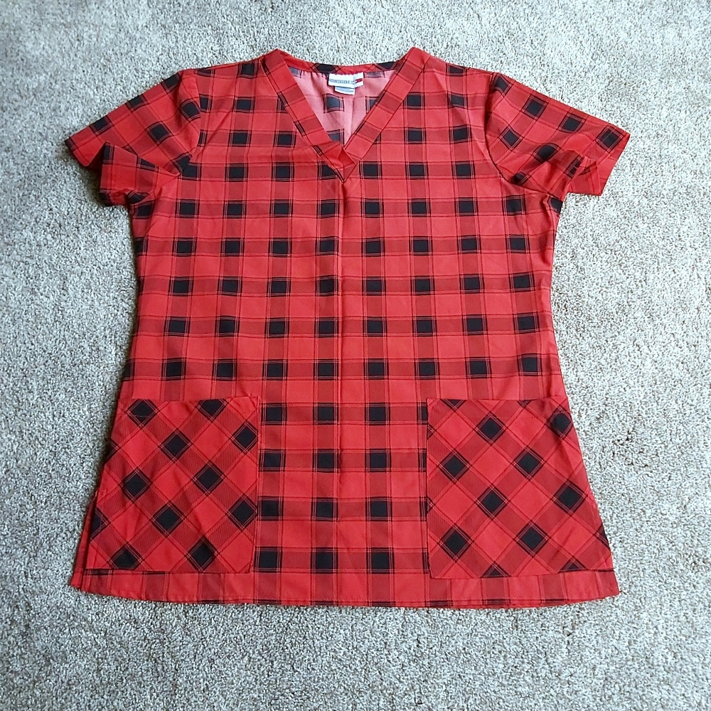 White Cross Plaid Print Scrub Top
